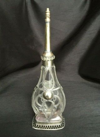 Rare Antique / Vintage Rose Water Sprinkler Bottle Glass & White Metal Overlay