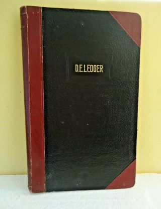 Vintage D.  E.  Ledger Accounting Book Spiral Bound,  Red & Black Leather Cover
