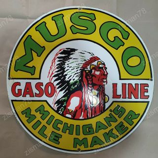 Musgo Michigan Gasoline Vintage Porcelain Sign 30 Inches Round