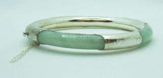 Vintage 1960’s Chinese Export Sterling Silver And Jade / Jadeite Hinged Bracelet