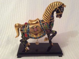 A Large Vintage Chinese Cloisonne Tang Blue Horse Statue & Wooden Stand 28cm