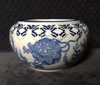 Antique Japanese Arita Imari Blue White Rim Relief Porcelain Hibachi Bowl Vase