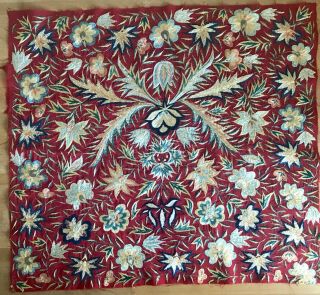 Antique Embroidery Panel Silk Crewel Work On A Red Ground Arts & Crafts Decor