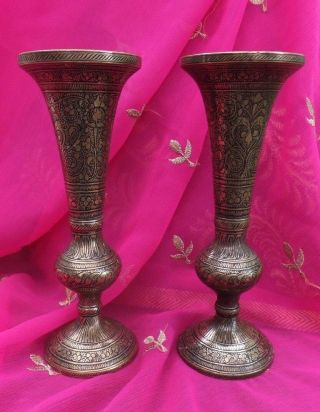 Antique Indian Bidri Ware Pair Vases Heavy Brass 19th C Engraved Black Designs