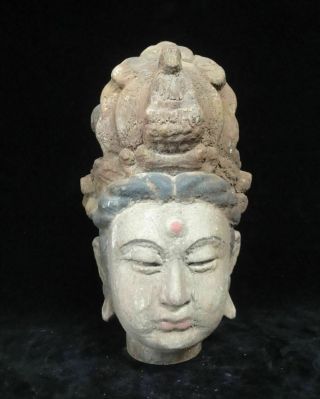 Old Chinese Hand Carving Wooden " Guanyin " Buddha Head Statue Sculpture