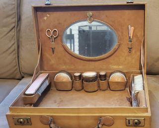 1920s Vintage Vanity Travel Case,  British,  Enamel Toiletries
