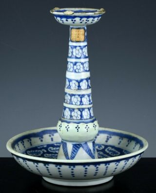 Early 19thc Chinese Blue & White Prunus Bats Scenic Porcelain Candlestick