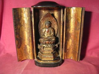 Antique 19c Japanese Zushi Traveling Shrine W/ Seated On Lotus Gilt Buddha