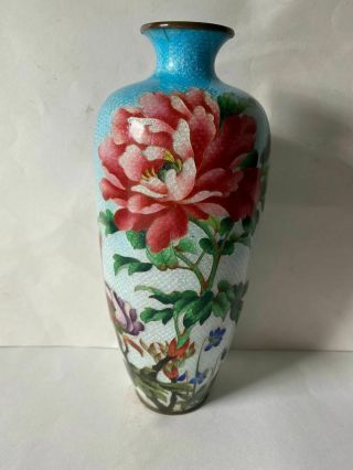 Large Antique Japanese Ginbari Cloisonne Vase 9 " Tall Meiji Foil Flowers Blue