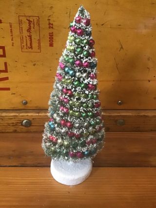Vintage 10” Flocked Bottle Brush Christmas Tree W/ Mercury Glass Garland Japan
