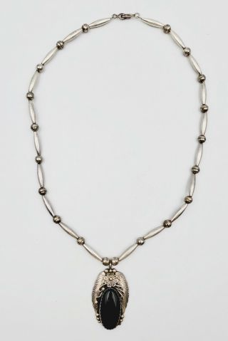 Vintage Navajo Signed Fj Sterling Silver Black Onyx Pendant 11.  5 " Necklace 34g