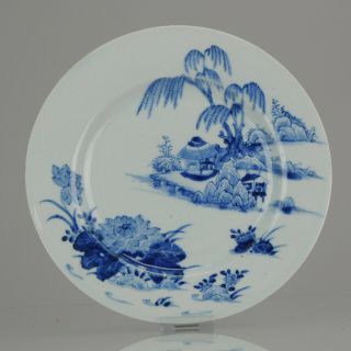 Antique Cobalt Blue Landscape Plate 18c Chinese Porcelain Pagode Tree