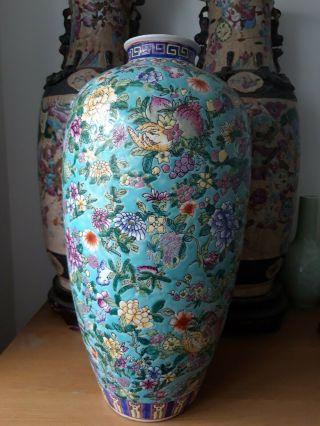 Antique? Vintage Famille Rose Vase On Turquoise Blue Ground 20th Century 47 Cm