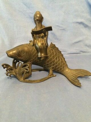 Vintage Chinese Bronze Censer With Scholar Riding Mystical Fish