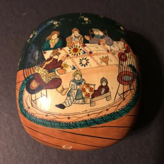 Vintage Hand Painted Lacquered Paper Mache Lidded Trinket Box India Family Scene