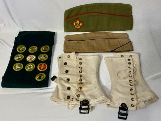 Vintage Boy Scouts Bsa Misc Items Sash W/patches,  Hats,  Leggings