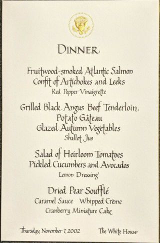 President George W Bush White House Dinner Menu