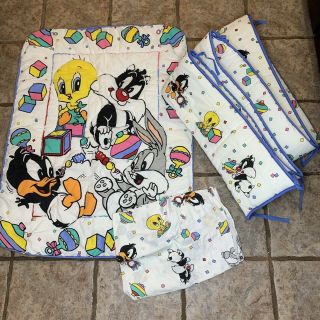Vtg Baby Looney Tunes Crib Blanket Sheet Bumper 1997 Tweety Bugs Sylvester Daffy