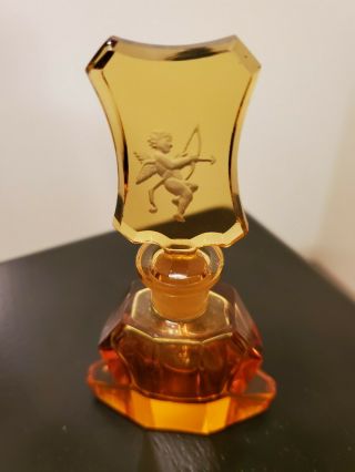 Vintage Czech Art Deco Cystal Amber Glass Perfume Bottle W/ Etched Cherub Dauber