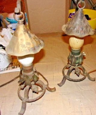 Two Antique Vintage Arts&crafts Era Metal Desk Bedside Lamps Hammered Shades