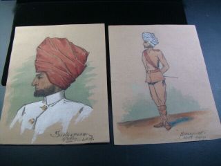 1909 Singapore 2 Water Color Portrait Paintings By L.  E.  M.  Of Military Official