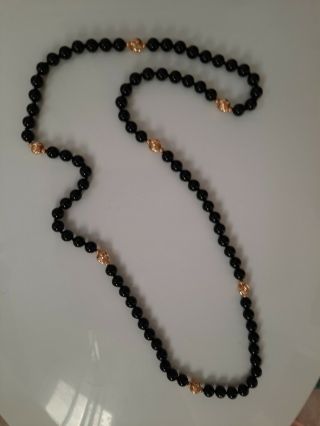 Estate Vintage 14k Yellow Gold And Black Onyx Bead Single Strand 30 " Necklace