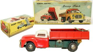 Vintage Japanese Tin Lithographed Battery Operated Dump Truck W/ Box