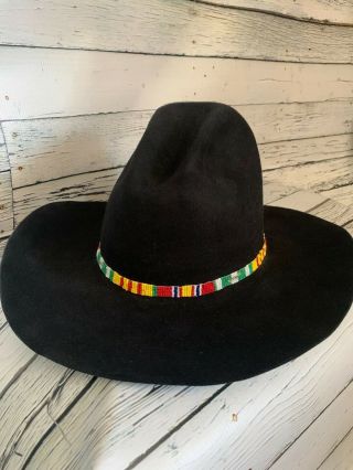Vintage Felt Fur Cowboy Hat 5x Beaver Tom Horn Bead Band Black 7 1/4 Wall Drug