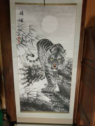 Huge Vintage Chinese Scroll Painting Of A Tiger