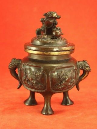 Chinese Bronze Censor With Lid - Foo Dogs And Elephants 4¾ " 659g