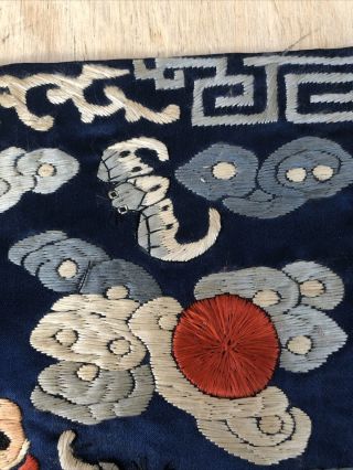 Vintage Chinese Silk Military Rank Badge Blue Dog Bats Clouds Mandarin Square 3