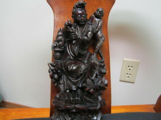 Rare Chinese Silver Wire Inlaid Ebony Carving Kuan Yin & Sun - Wukong Monkey God