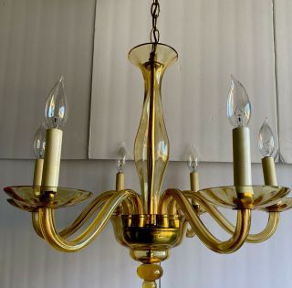 Vintage Mid - Century Amber Colored 6 Arm Glass Chandelier Hanging Ceiling Light