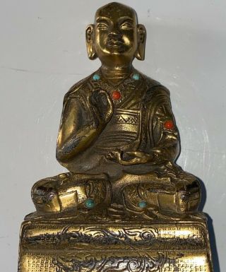 Antique Chinese Gilded Bronze Buddha With Turquoise & Red Coral Marks To Rear