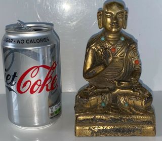 ANTIQUE CHINESE GILDED BRONZE BUDDHA WITH TURQUOISE & RED CORAL MARKS TO REAR 2