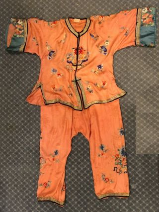 Antique Qing Chinese Orange Silk Pajamas Lounge Set Embroidery