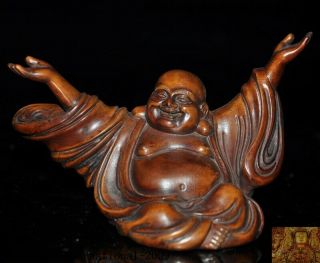 4 " Old China Temple Boxwood Wood Carved Wealth Happy Laugh Maitreya Buddha Statue