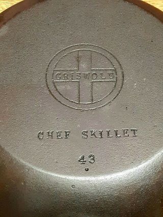 Vintage Griswold Cast Iron Chef Skillet No.  43 Professionally Cleaned