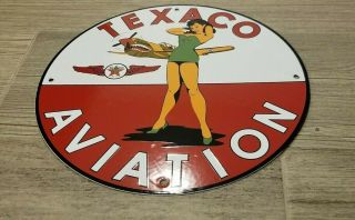 Vintage Texaco Gasoline Porcelain Gas Oil Pin Up Girl Service Airplane Sign 12 "
