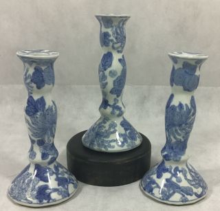 Set Of 3 Blue And White Ceramic Taper Candle Holders Floral Pattern 8.  5”