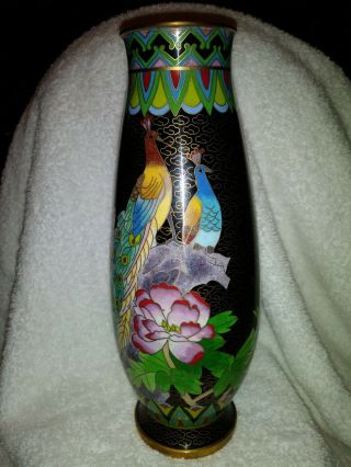 Vintage Black Chinese Cloisonne Vase With Peacocks & Flowers 8 " 1/4