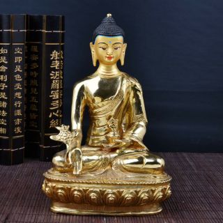 8 " Asian Antique Tibet Copper Gilt Hand Painting Medicine Buddha Statue