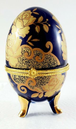 Porcelain Cobalt Blue And Gold Decorative Egg Trinket Box