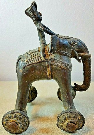 Antique Bronze Asian Toy Warrior On Elephant Figure On Wheels 7 " Tall