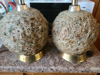 Vintage Mid Century Modern Spun Spaghetti Globe Table Lamps Pair 2