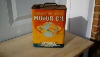 Vintage 2 Gallon Around The World Motor Oil Can Gas Sign