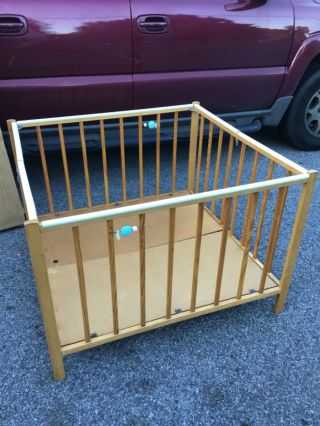 Old Vtg Antique Wood Playpen Benner Step Fold Crib Baby Bed Nursery
