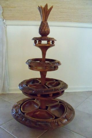 Vintage 4 Tier Pineapple Top Hand Carved Monkey Pod Lazy Susan Serving Tray