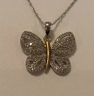 Vintage 10k White & Yellow Gold Diamond Butterfly Pendant 18” Necklace