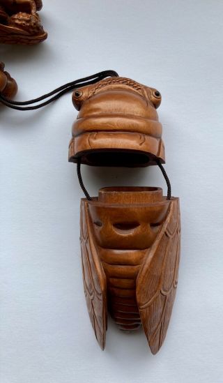 Boxwood Inro Box Netsuke Hand Carved Cicadas Leaf Signed Estate 3